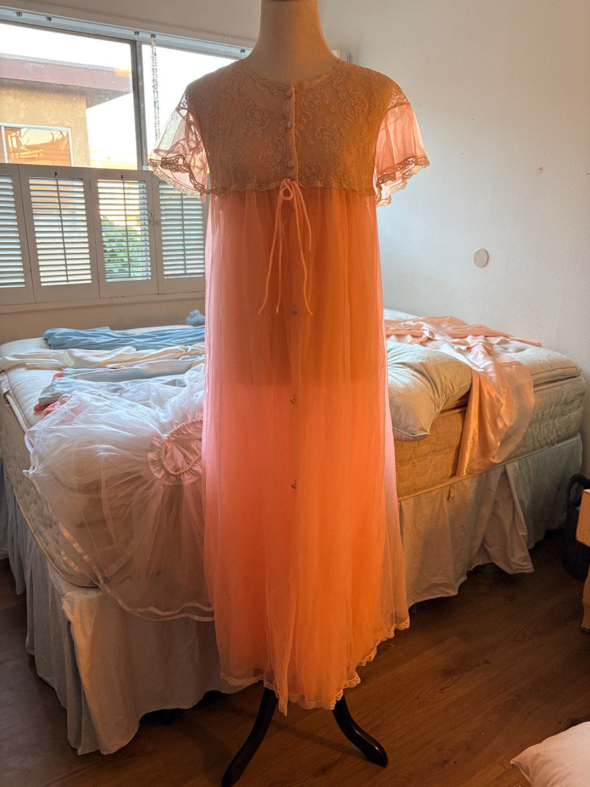 VTG 60s Aristocraft Pink Peignoir Set Sheer Chiffon Lace Nightgown Robe Small