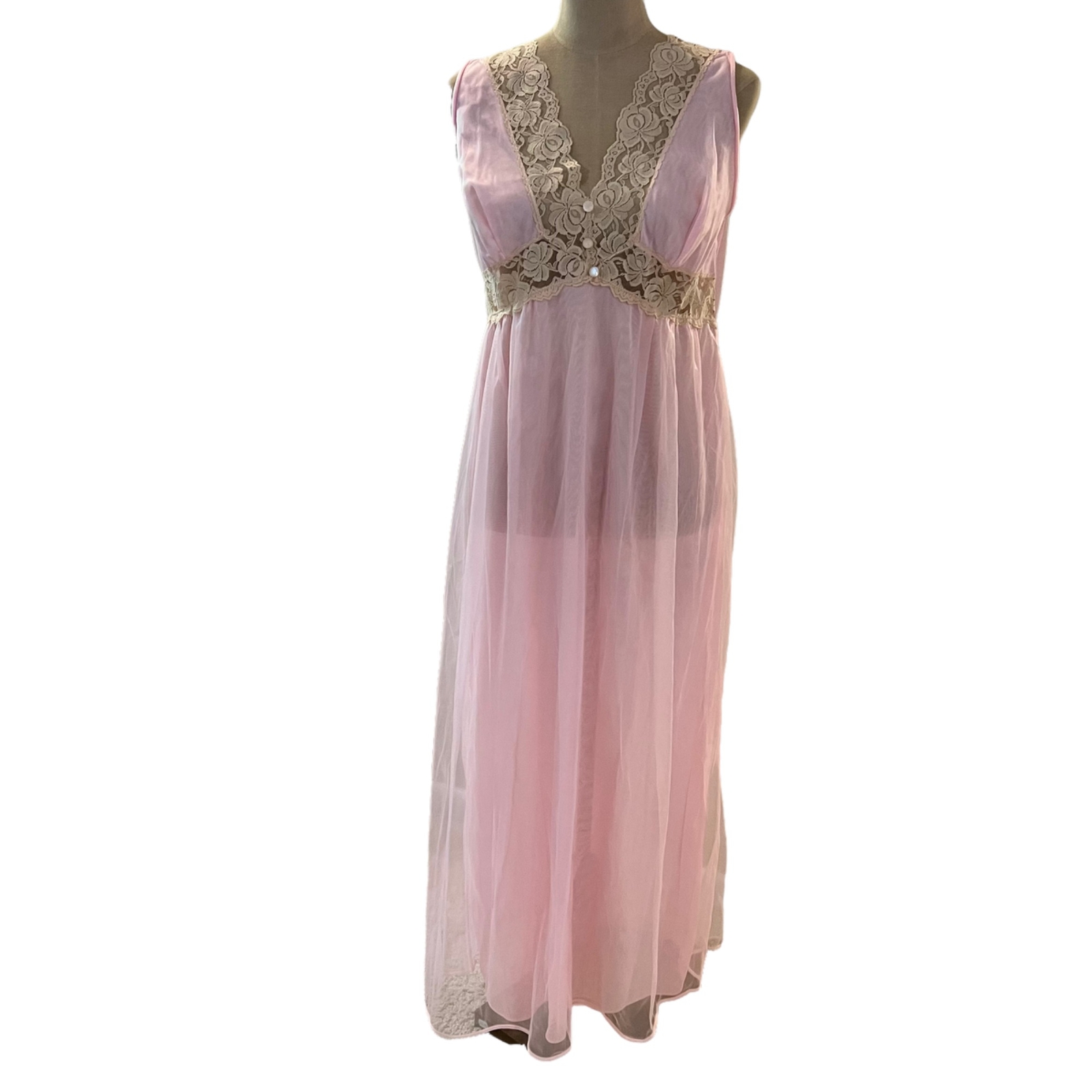 Vintage Women’s Pink Long Nylon Nightgown Lace Accent D’Signer MEDIUM Union Made