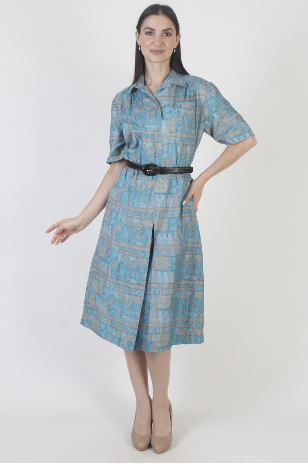 Vtg 60s Thai Silk MCM Dress Mid Century Mod Rockabilly Asian Ancient Print