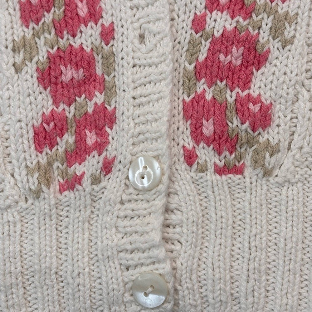 Vintage Cottage-core 80’s White Pink Floral Hand Knit Granny Cardigan Sweater
