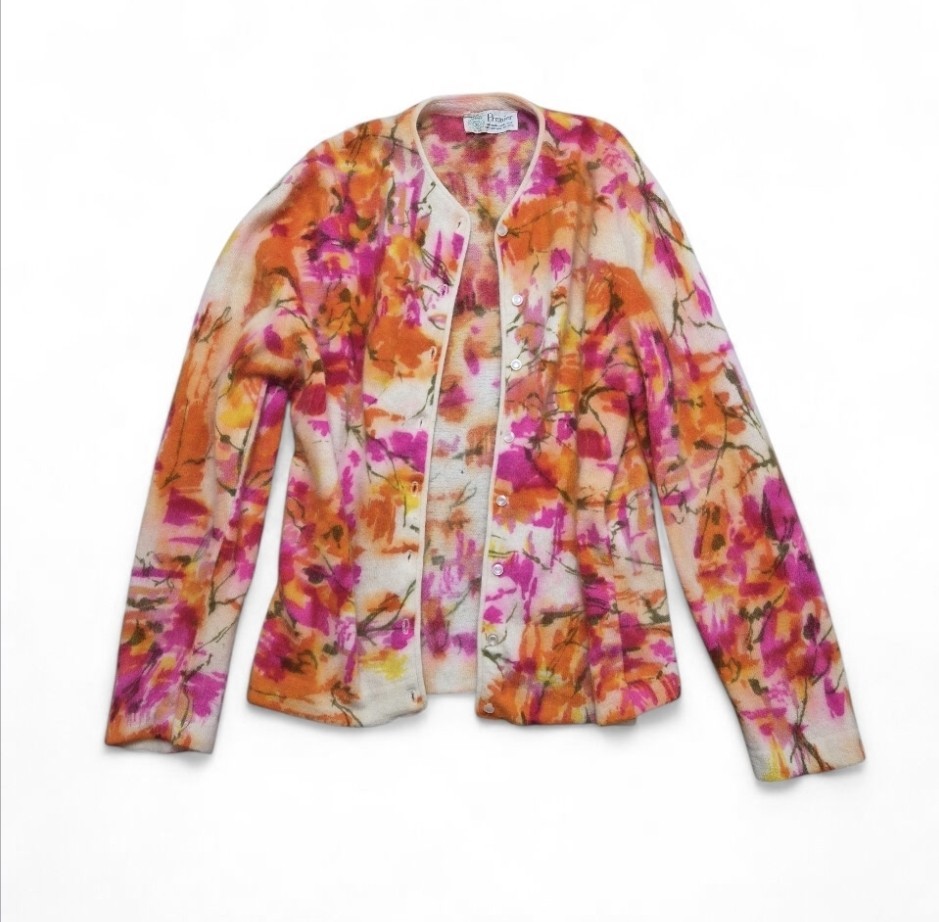 Vintage Premier Angora & Lambswool Floral Cardigan 1950s–1960s Soft Fuzzy Knit