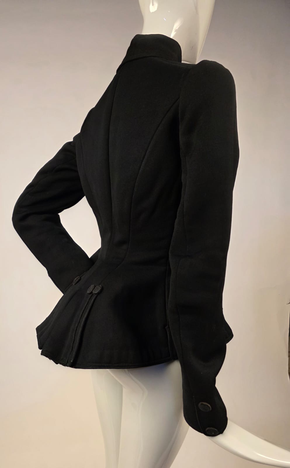 VICTORIAN 19TH C BLACK THICK JERSEY DBLE BUTTON BUSTLE BACK JACKET