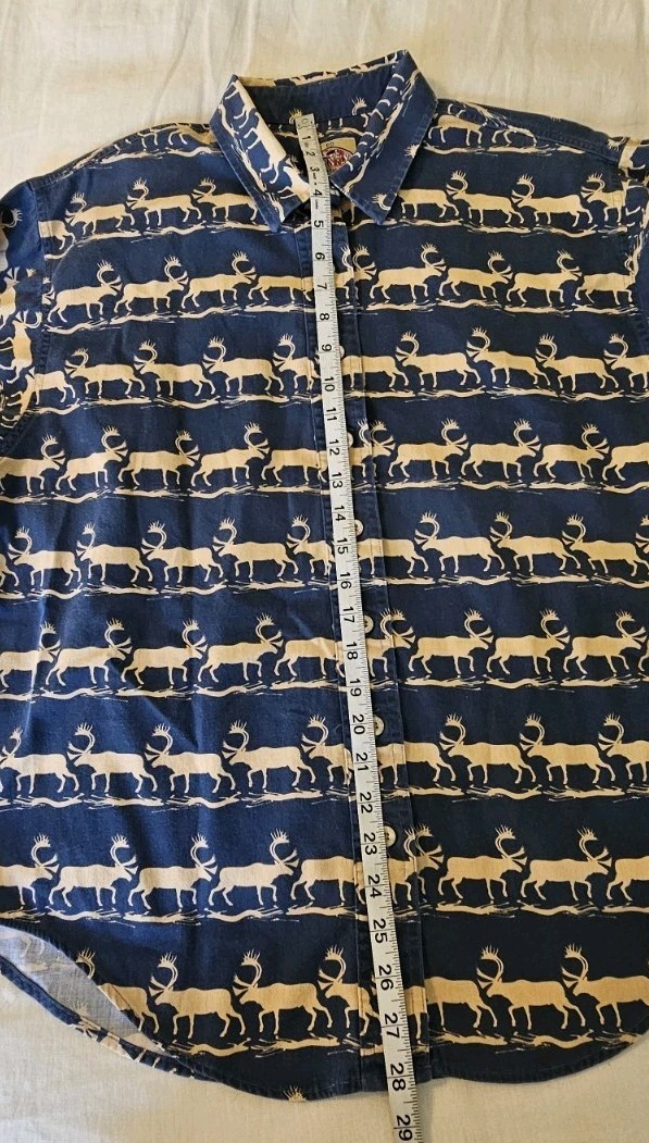Vtg Barn Fly Casual Button Up Shirt Womens Size L Navy Elk All Over Pattern