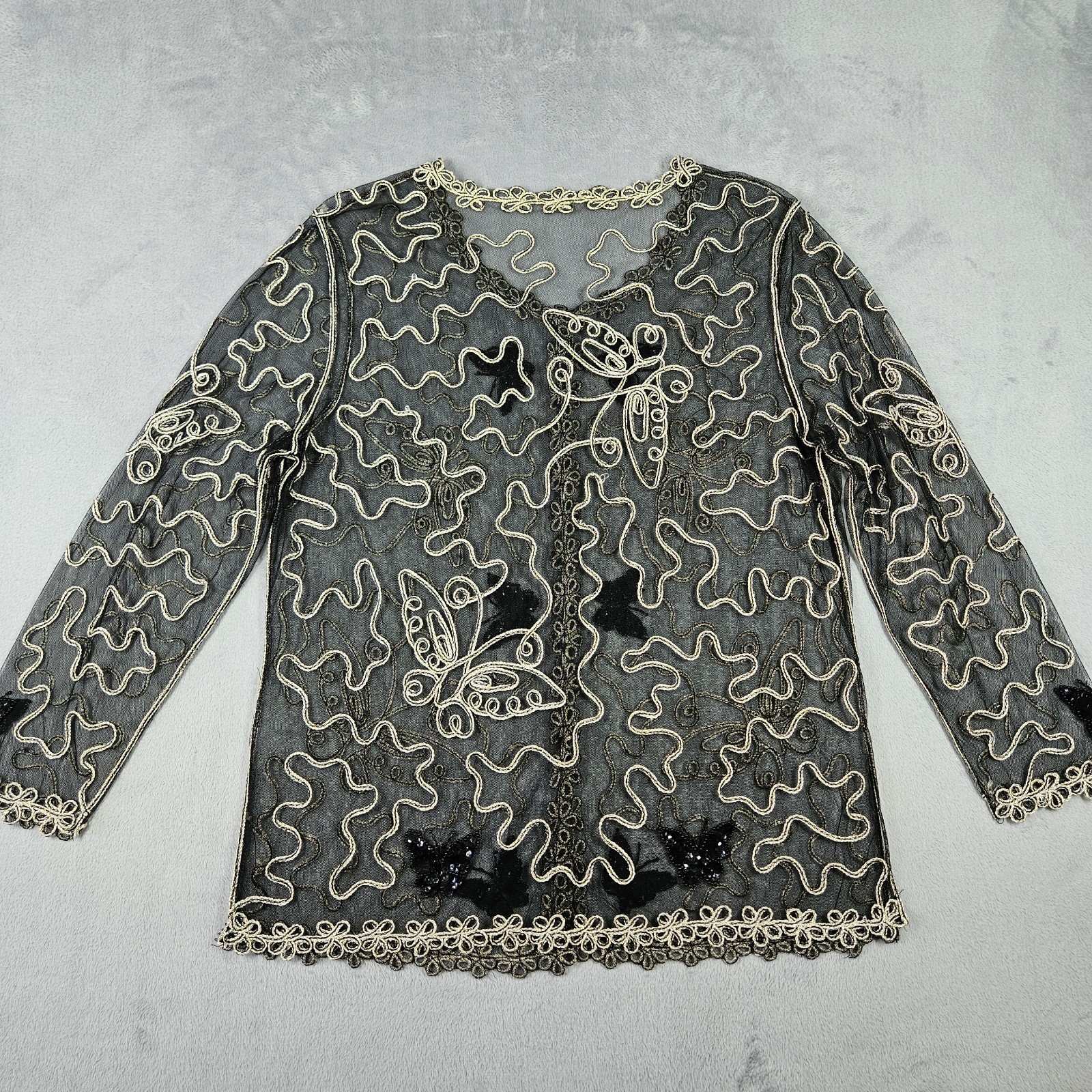 VTG Womens Butterfly 3D Embroidered Sheer Mesh Cardigan Shirt Black Gold No Tag