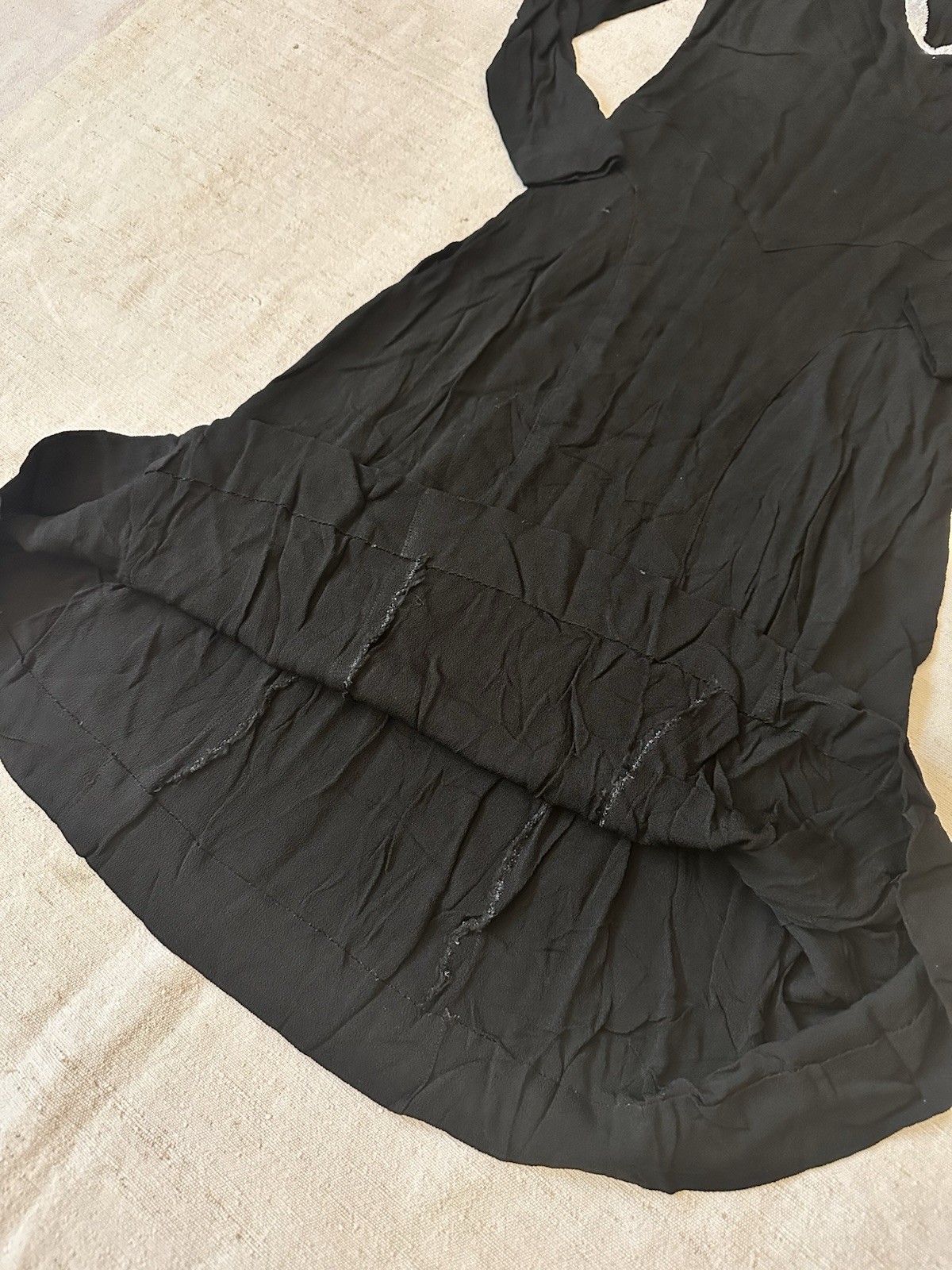 1930s Antique Vintage Handmade French Bias Cut Silk Crepe Black Dress XXS XS