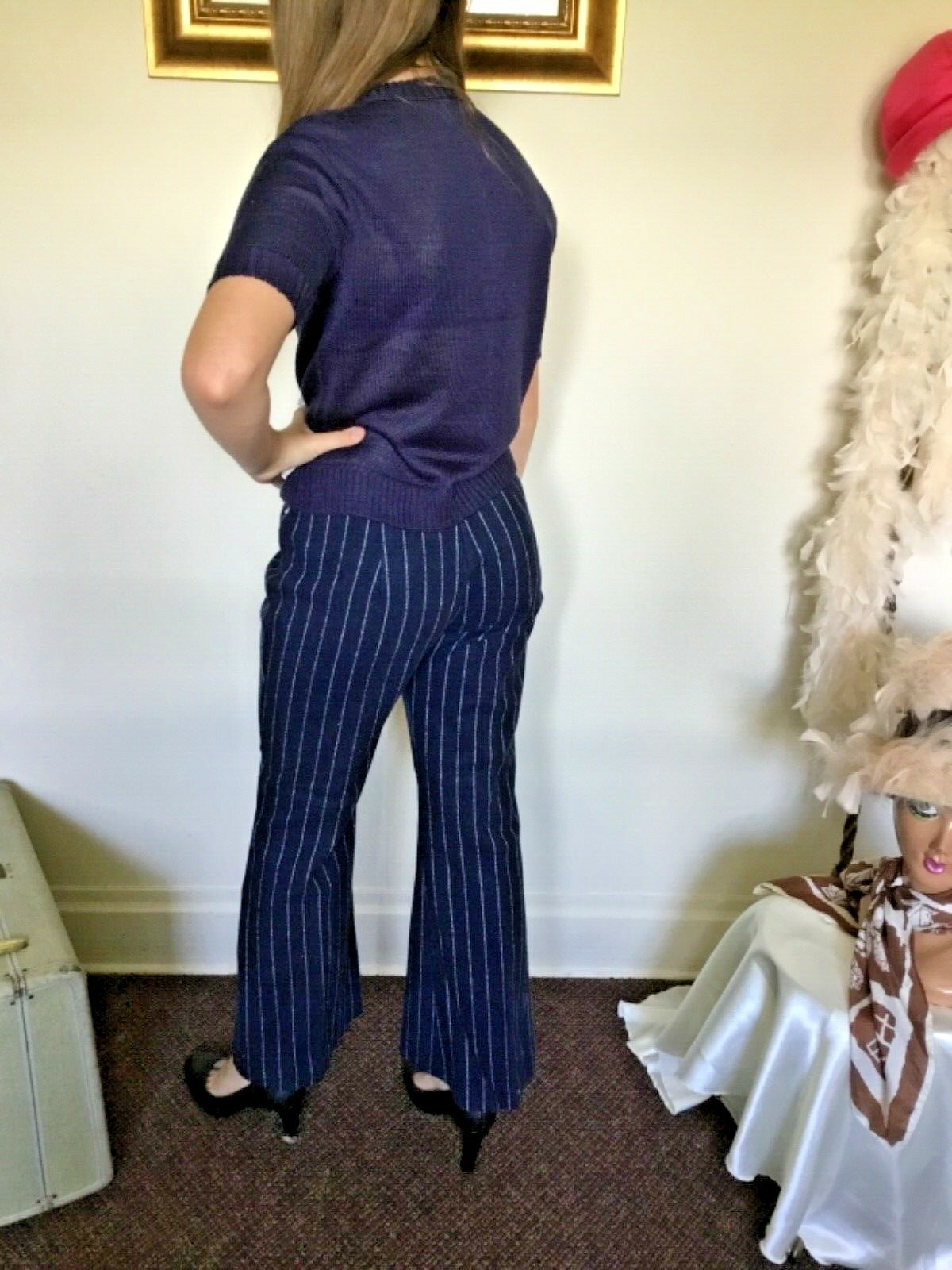 70’s Vintage Navy Blue Hippie White Striped Wide Leg Bell Bottom Pants „NWT”