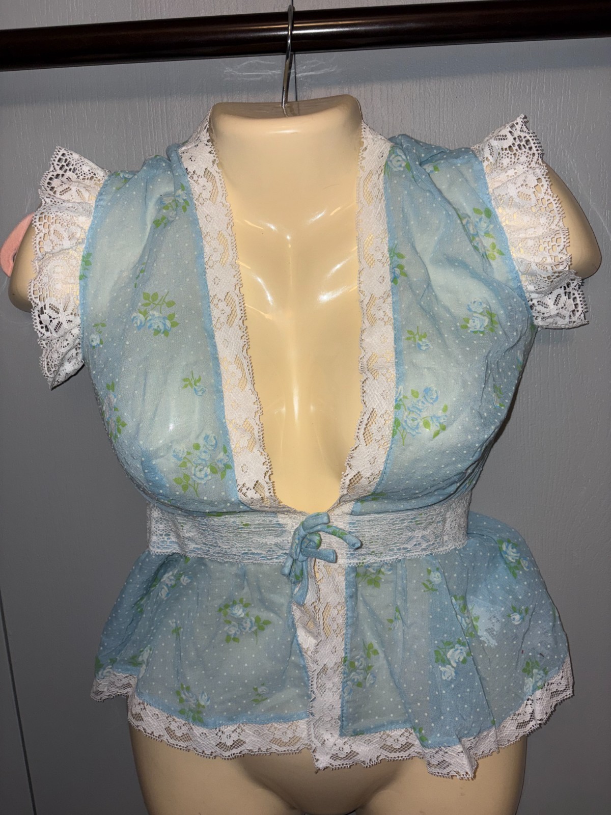 VTG Semi Sheer Plunge Top Mod Hippy Lace Ruffle Floral 7 S XS 23″Waist 30″ bust
