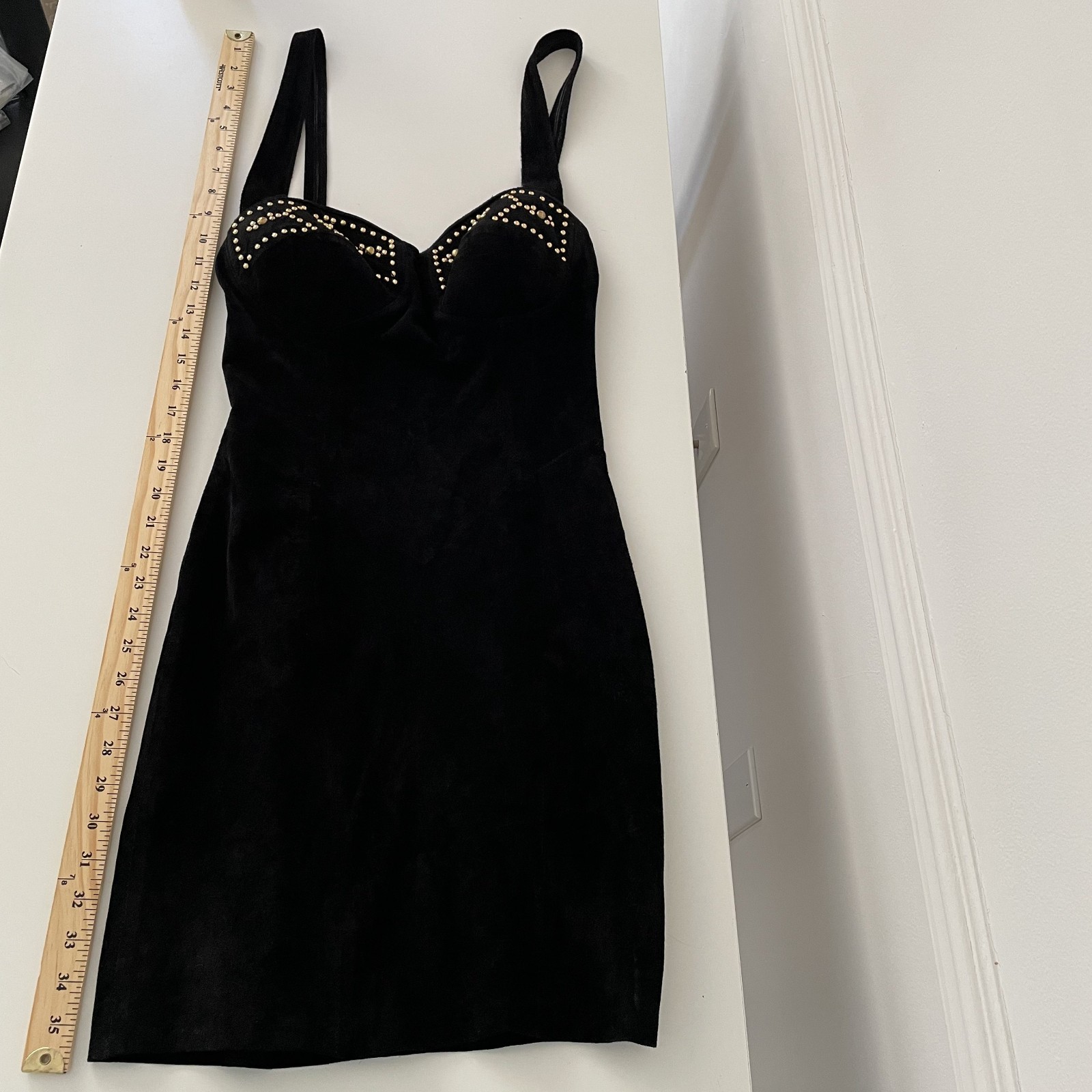 NWT VTG 90’s Firenze Santa Barbara Black Suede Leather Studded Mini Dress Size S