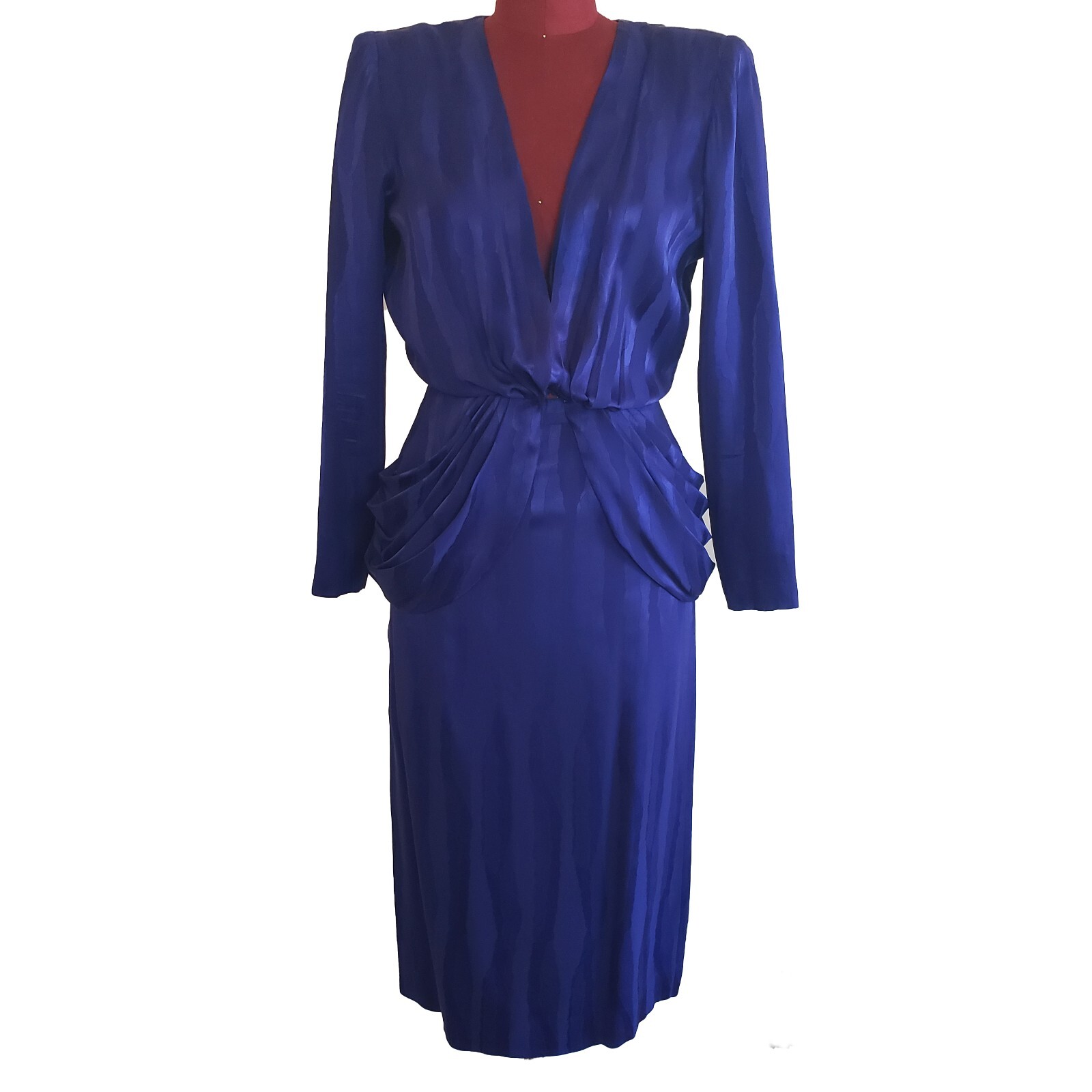Vintage Vicky Tiel Blouse Skirt Set XS Violet Silk V Neck Peplum Knee Length