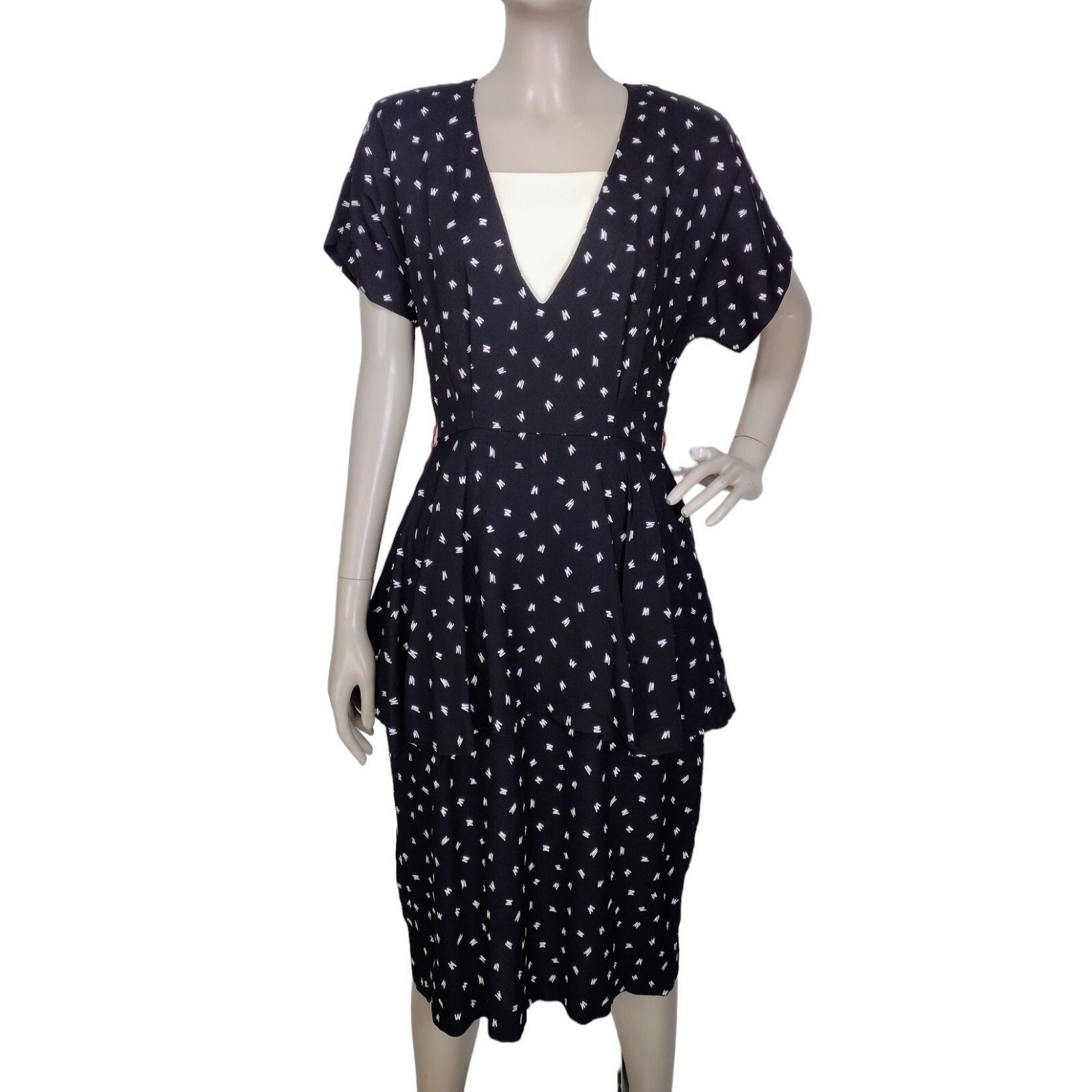 80s Vintage David Benjamin Monochrome Dolman Peplum Wiggle Dress Size S/M
