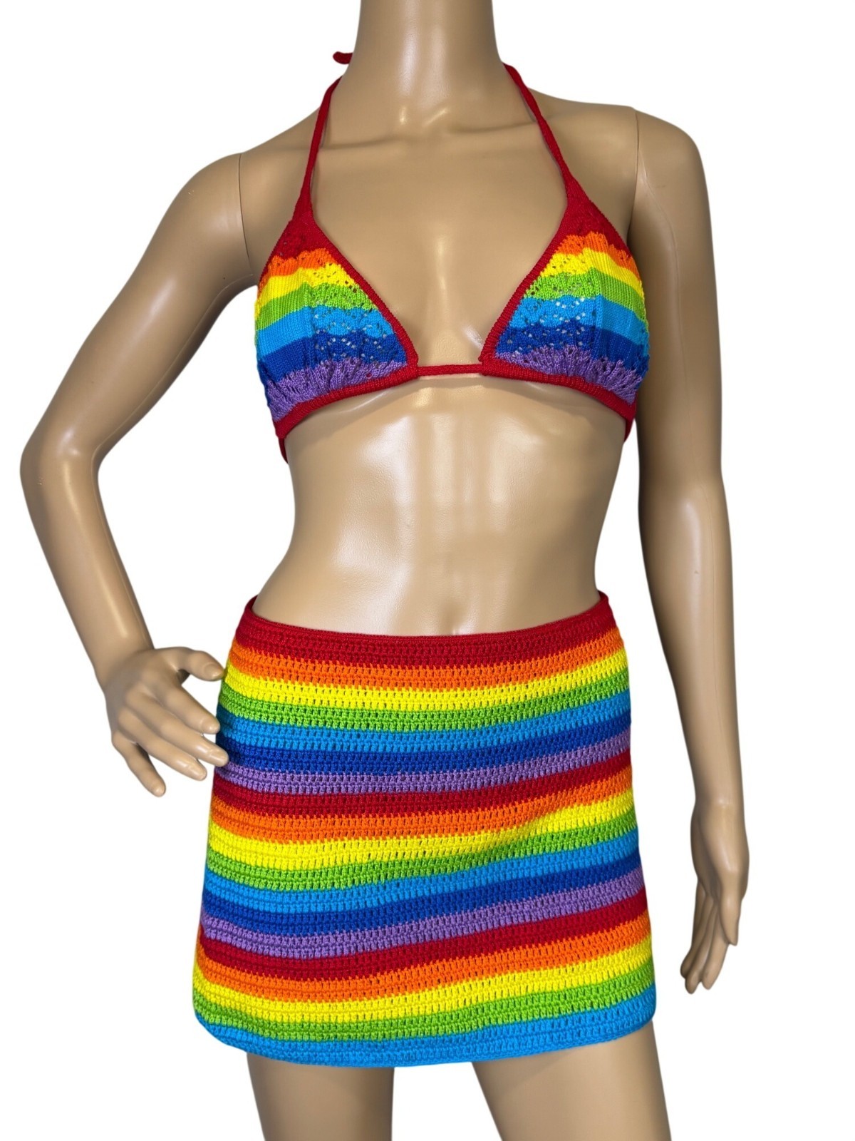 Vintage 90s Rainbow Crochet Bikini Top & Mini Skirt Set 100% Cotton Large Pride