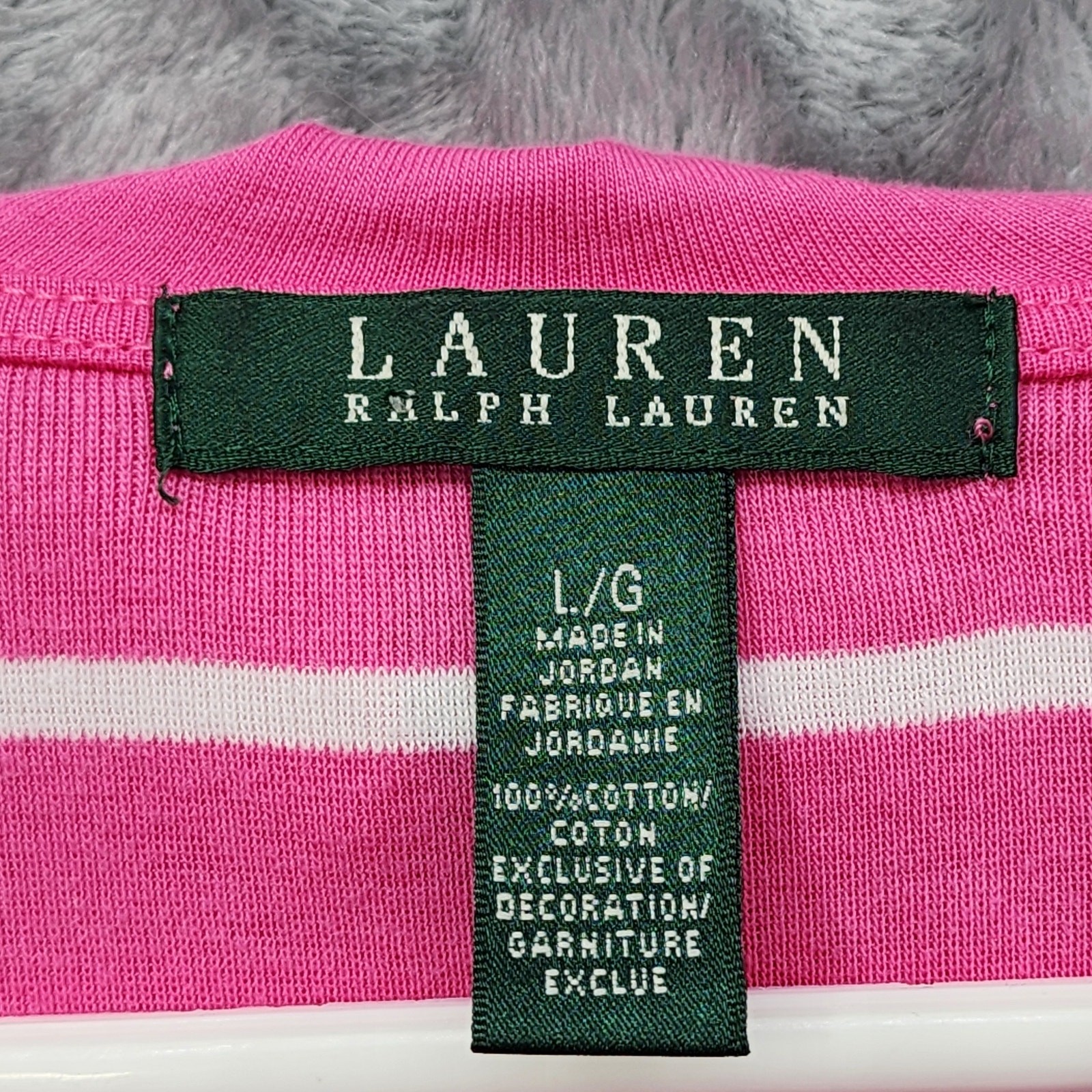 Vintage Lauren Ralph Lauren Top Women L Pink White Striped Ruffled V-Neck Preppy