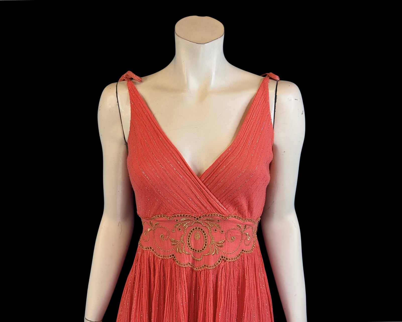 80s Greek Goddess Coral Gauze & Gold Lurex Mini Vintage Sundress | S