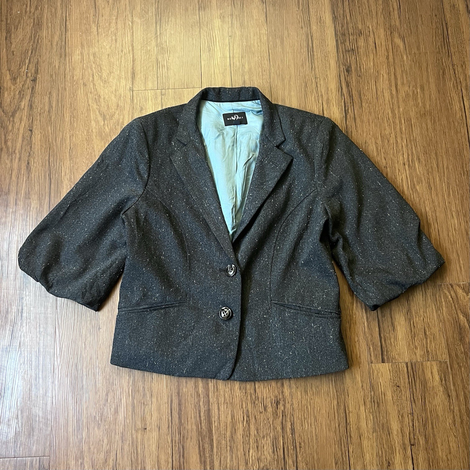 Vintage Y2K Blazer Size 10 Womens Gray Tweed 3/4 Sleeve Jacket Career Bubble Hem