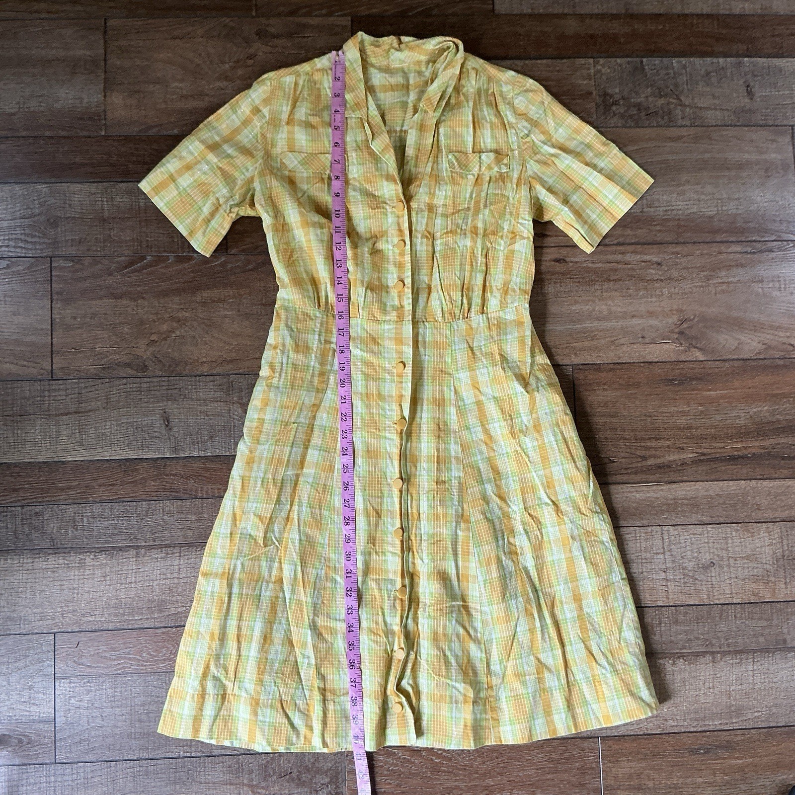 60s 70s VINTAGE Yellow Plaid Shirtwaist Midi Dress Button Front Size M #4901