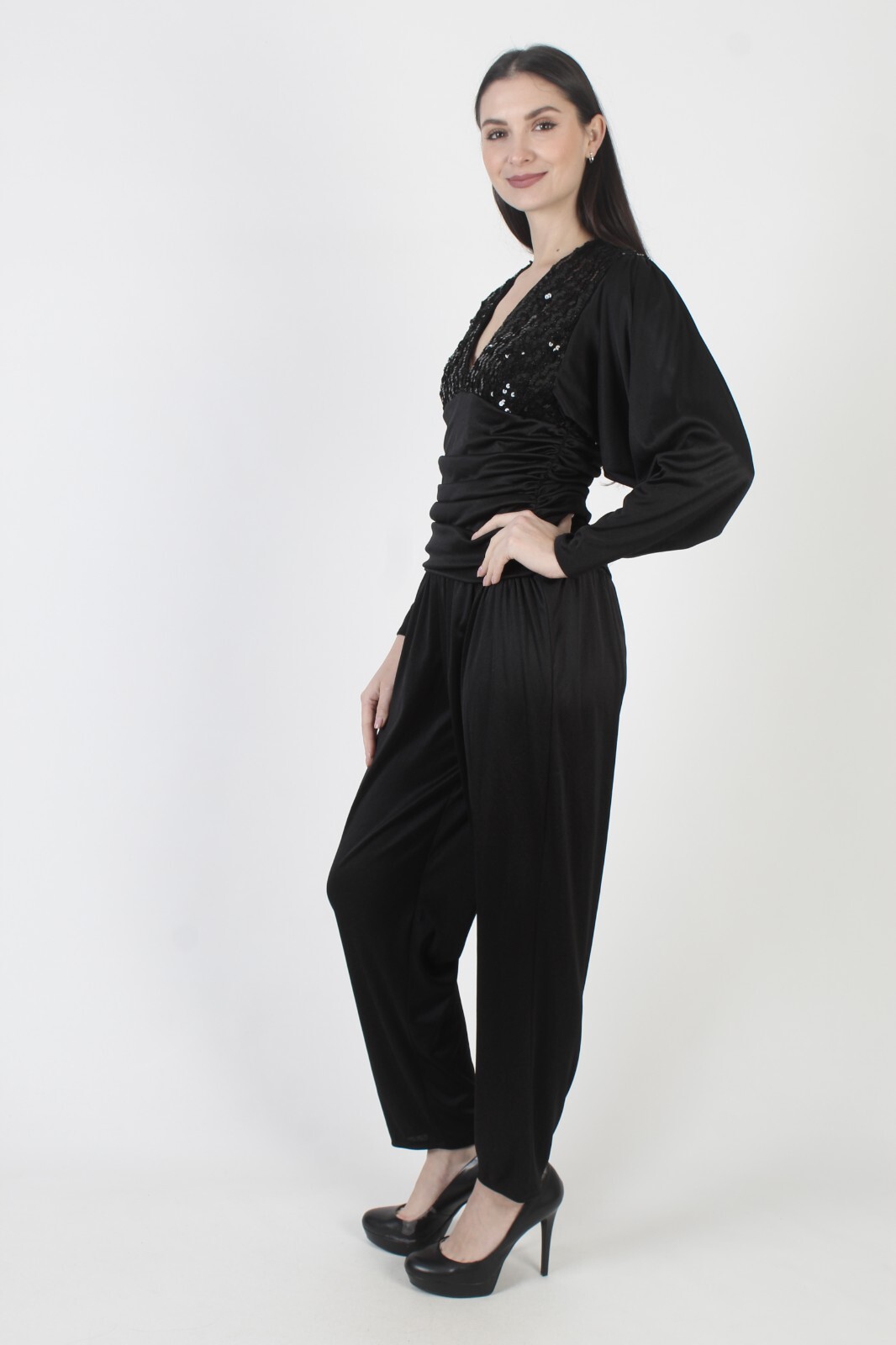 Vintage 80s Black Sequin Jumpsuit Deep V Open Back Backless Disco Maxi Playsuit
