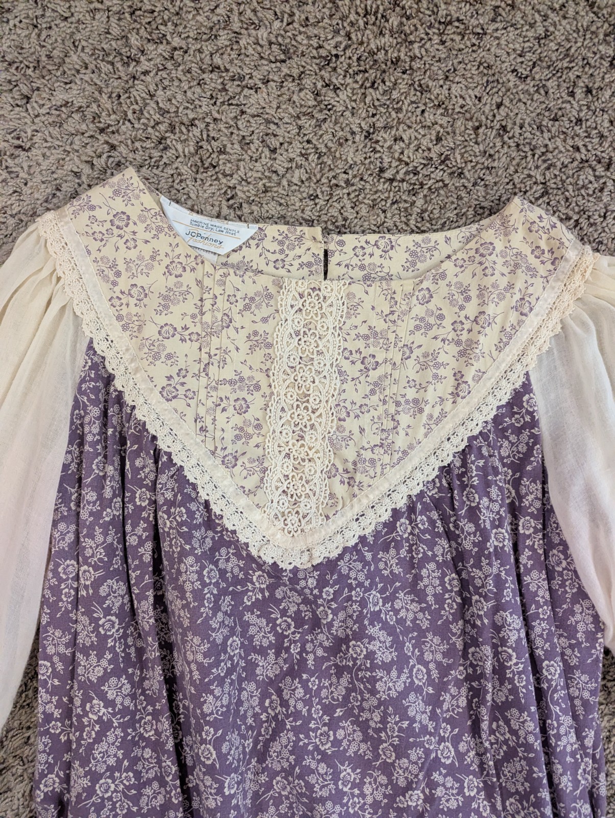 Vintage 1970’s JC Penney Purple Floral & Lace Boho Prairie Style Dress Size 18