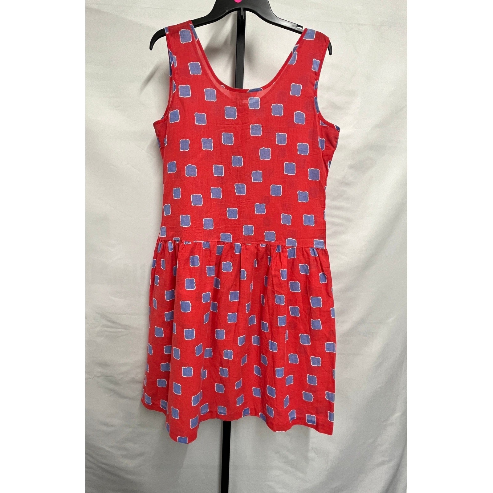 H. at HomeWear Vintage 90s Red Blue Square Print Drop Waist Pocket Dress L