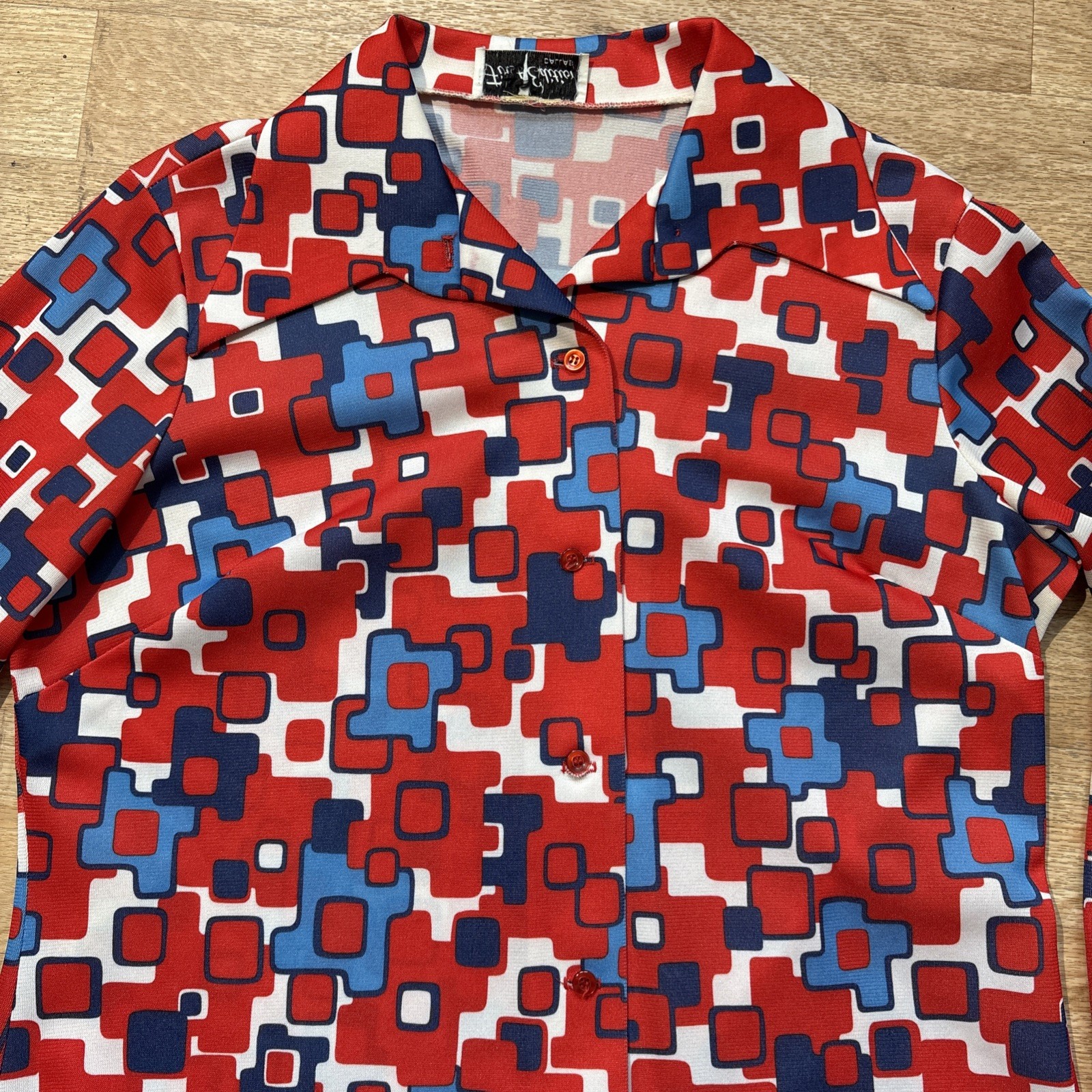 Vintage First Edition Dallas 70s 80s Disco Geometric Print Collared Shirt sz L