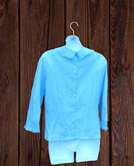 Going-To-A-Go-Go Ruffled Baby Blue 3/4 Sleeve Top;’60s Mod Size 4-5/Small