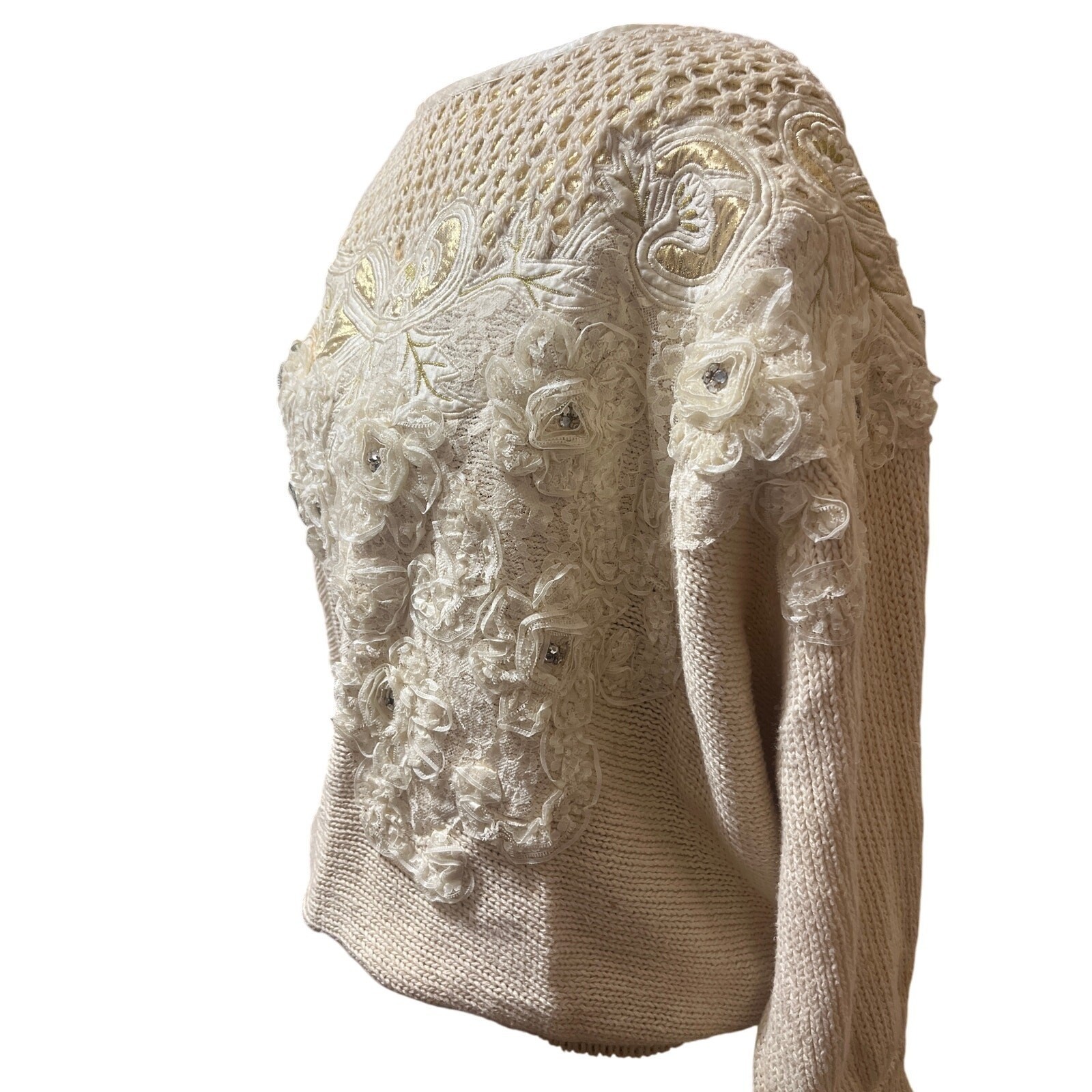 Bonnie Boerer L VTG 80s Cream Gold 3D Floral Roses Lace Appliqué Knit Sweater