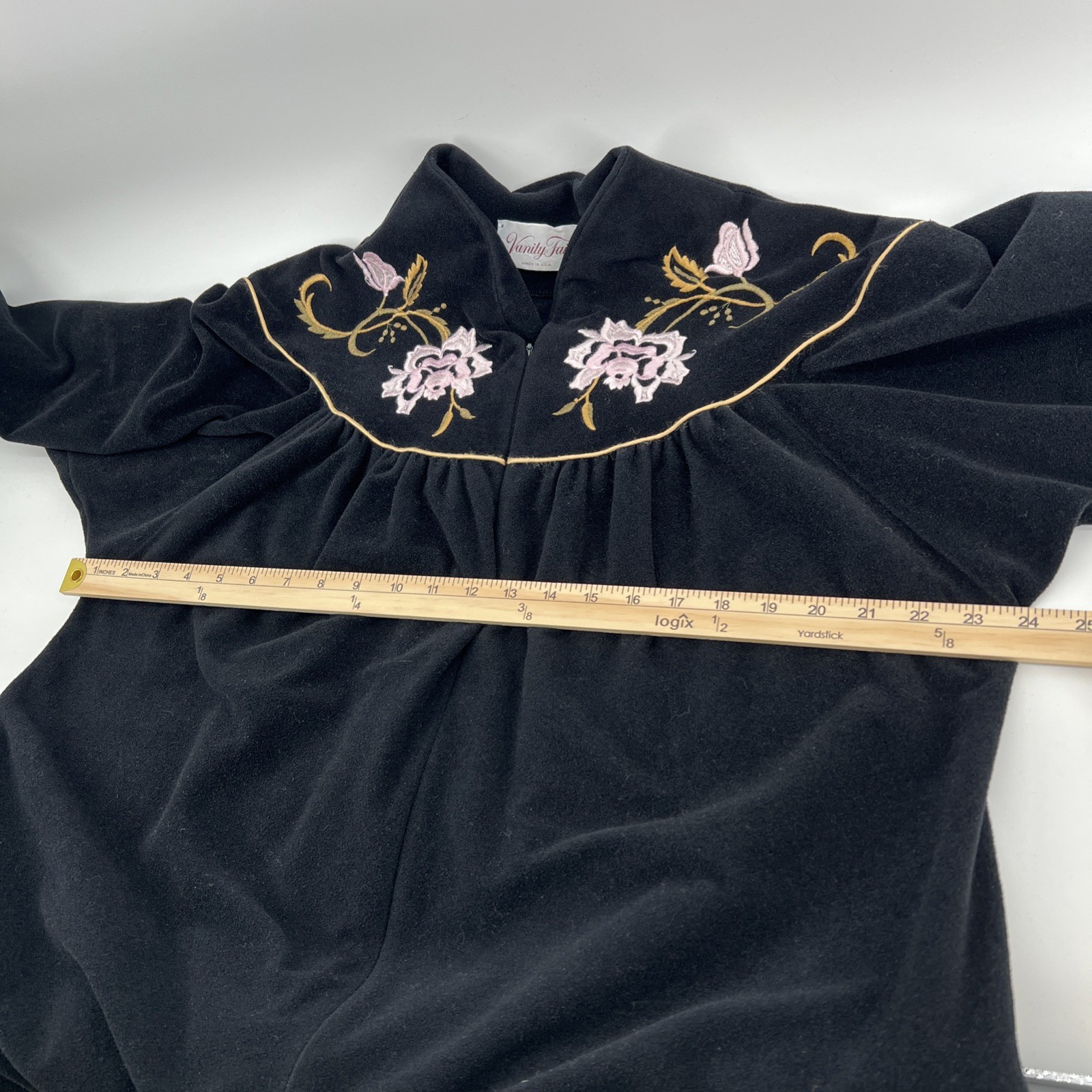 Vtg Vanity Fair Black Velour Robe Size Small Zip Front Embroidered Made in USA