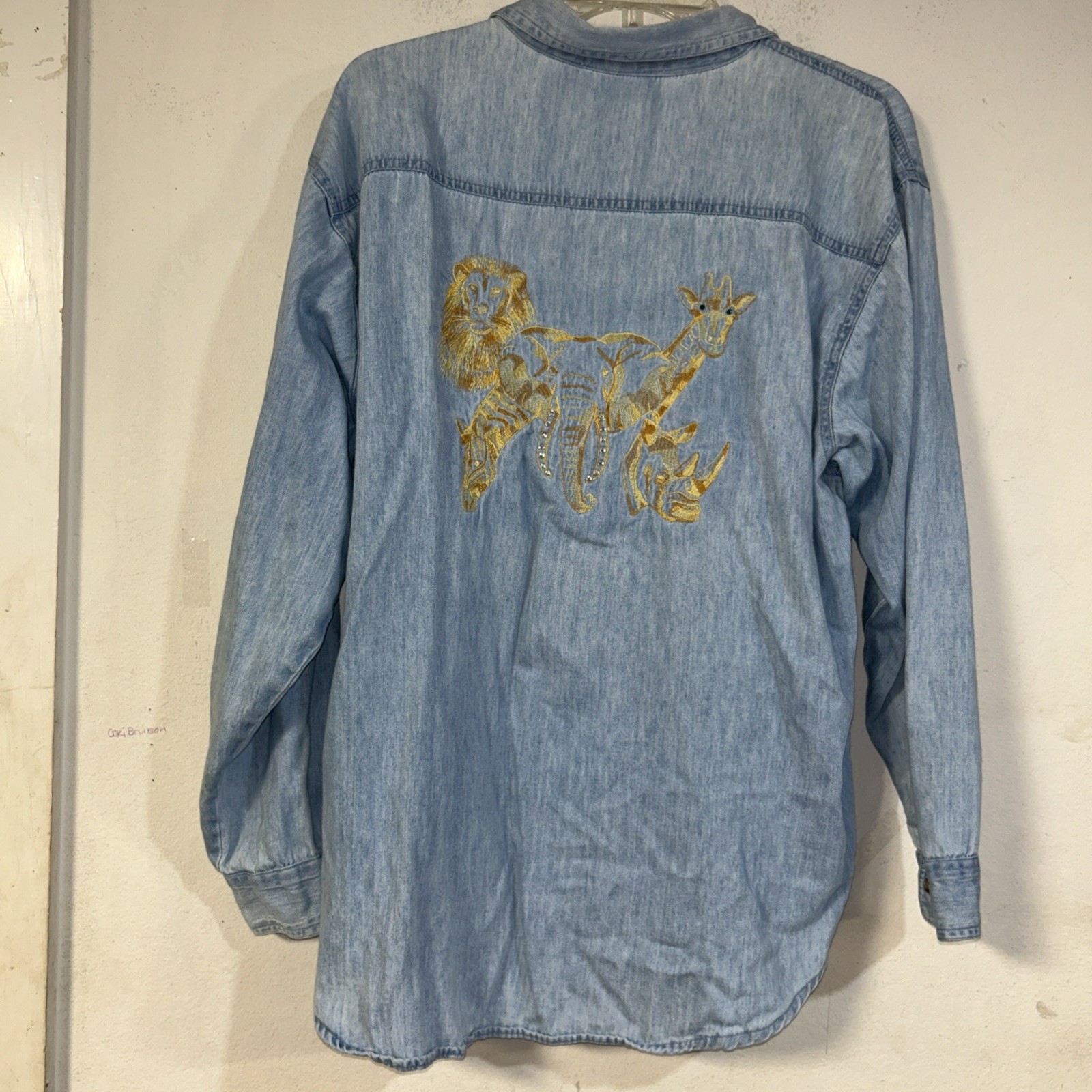 Vintage 90s Infinity Fashions Shirt Denim Giraffe, Jungle Embroidered Women L