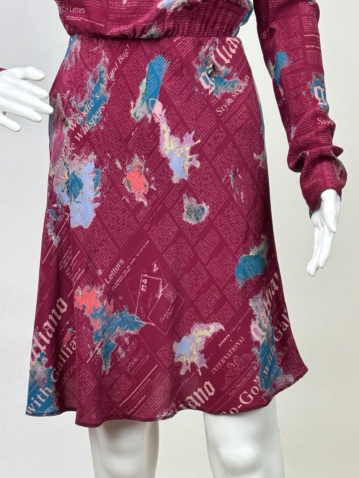 Vintage Rare Galliano Pink and Blue Newsprint Long sleeve Dress Sheer 100% Silk