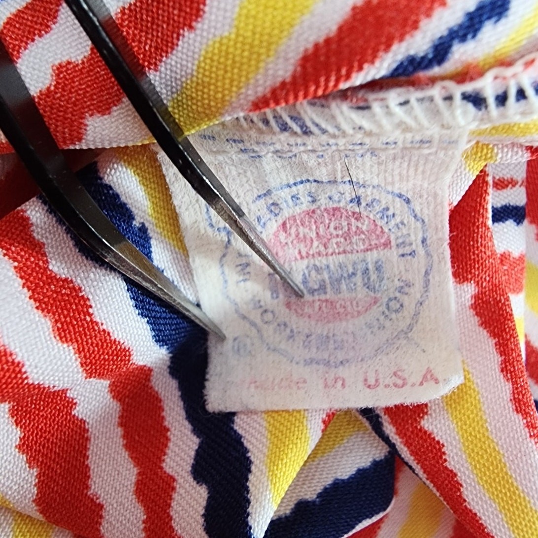 Vintage Country Suburbans Top Womens M Red Yellow Blue Striped Tie Neck Preppy