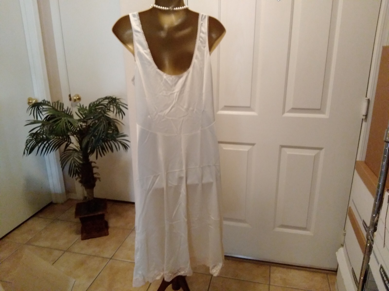Vintage Full Slip Dress Chemise European SZ M/L Austria Beige w/Lace Trim