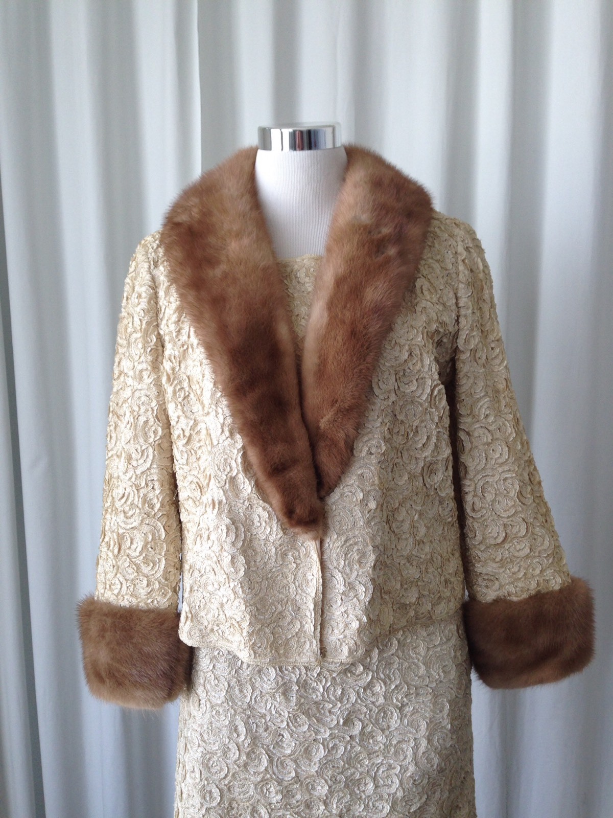 Vintage 60’s Freedman’s Boutique Dresses Ivory 3 Pcs Skirt Set With Mink Trims