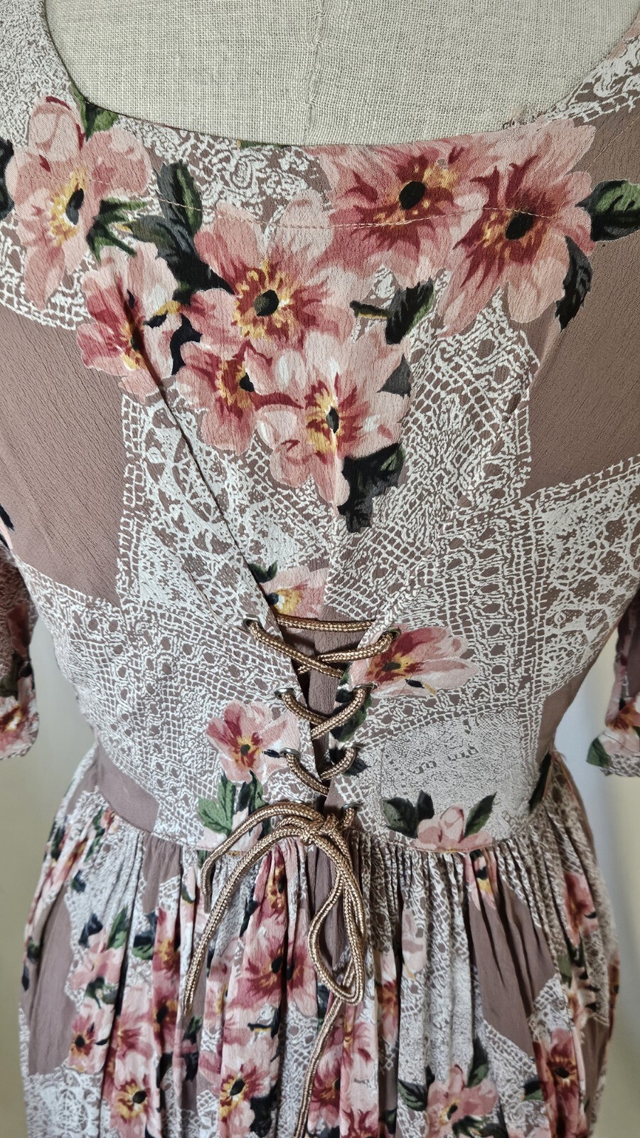 Cottagecore Vintage Starina Midi Maxi Fan Pleat Dress Double Corset Semi Sheer M