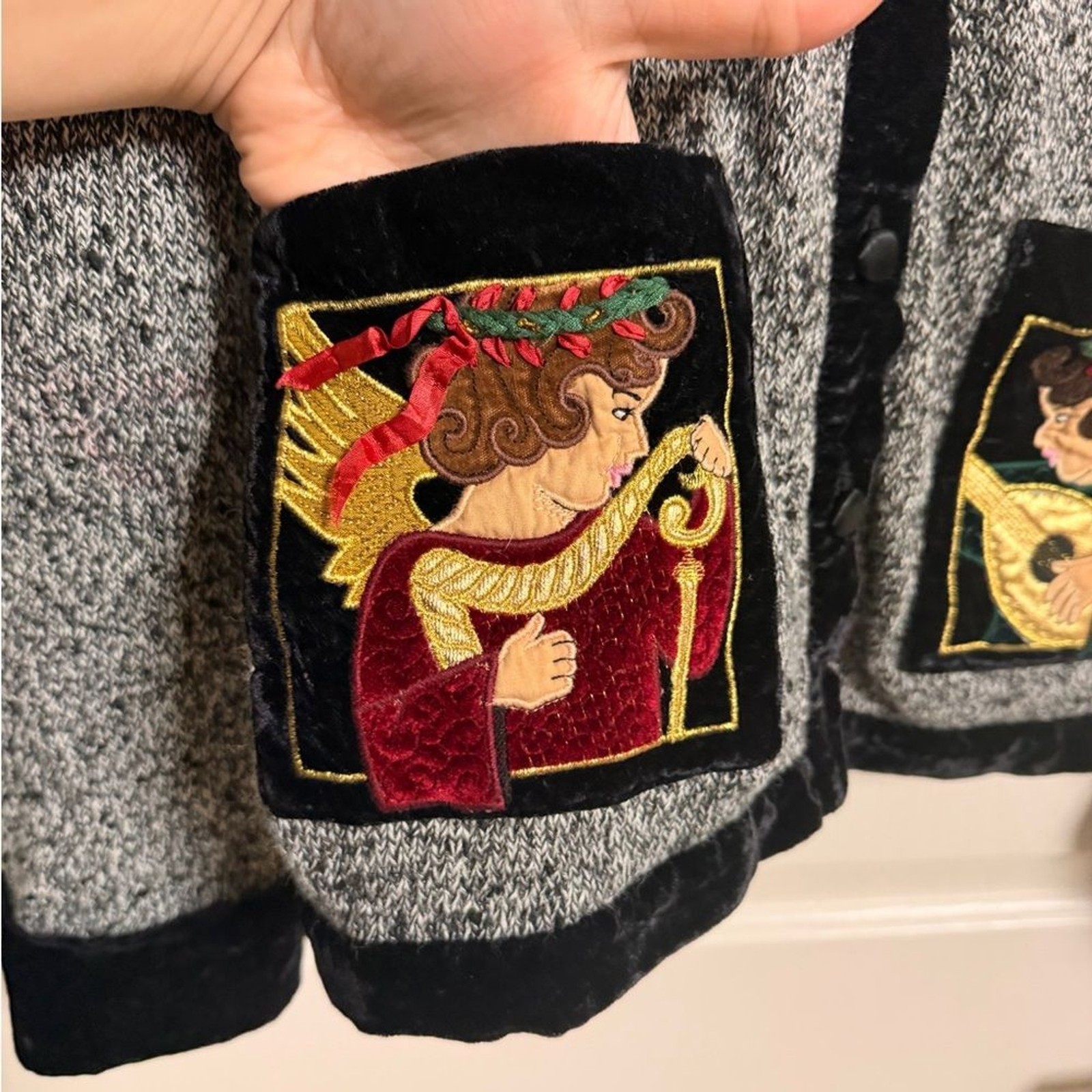 VTG 90s Sharon Young Ramie/Cotton Holiday Velvet Trim Sweater