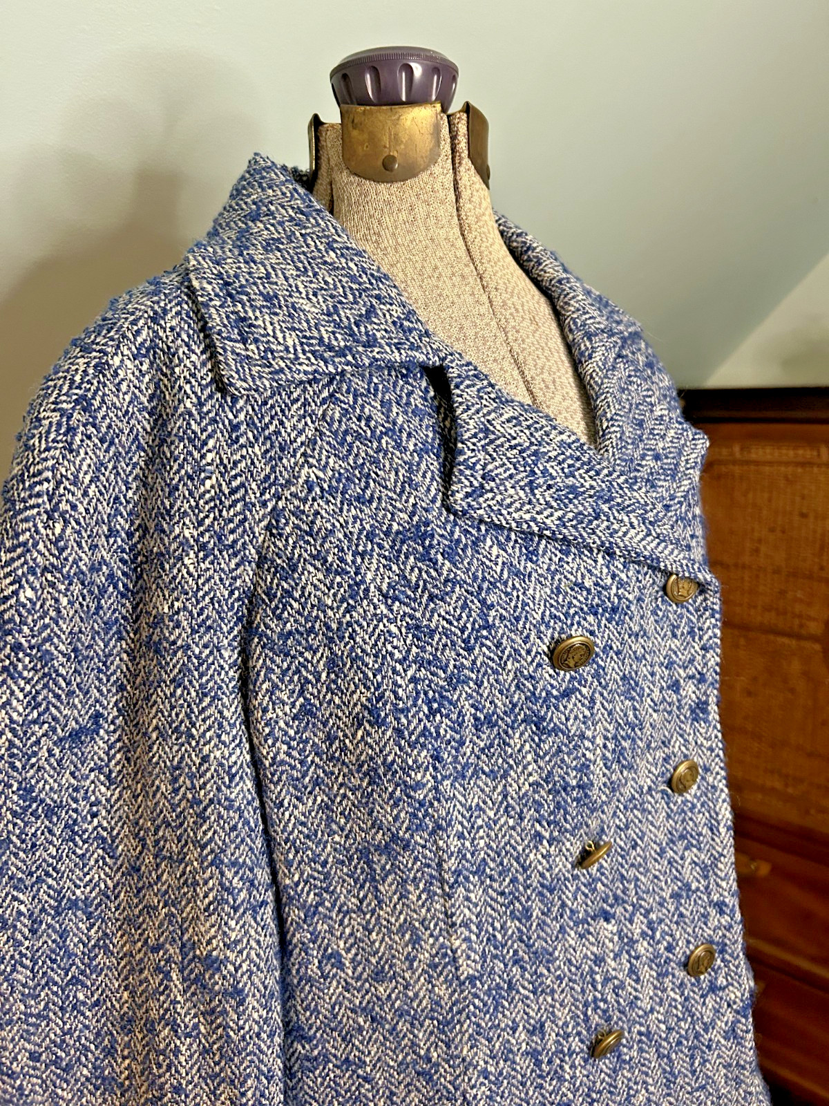 1950s Handmacher Bright Blue Herringbone Tweed Suit Pea Coat + Skirt L Academia