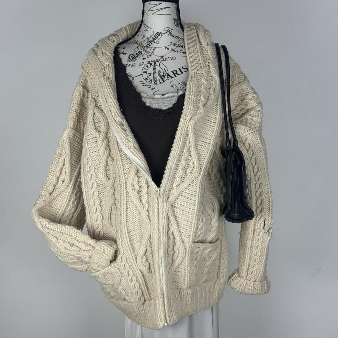 Hand Knit Aran Fisherman Cardigan Cream Cable Knit Wool Sweater Vintage L/XL