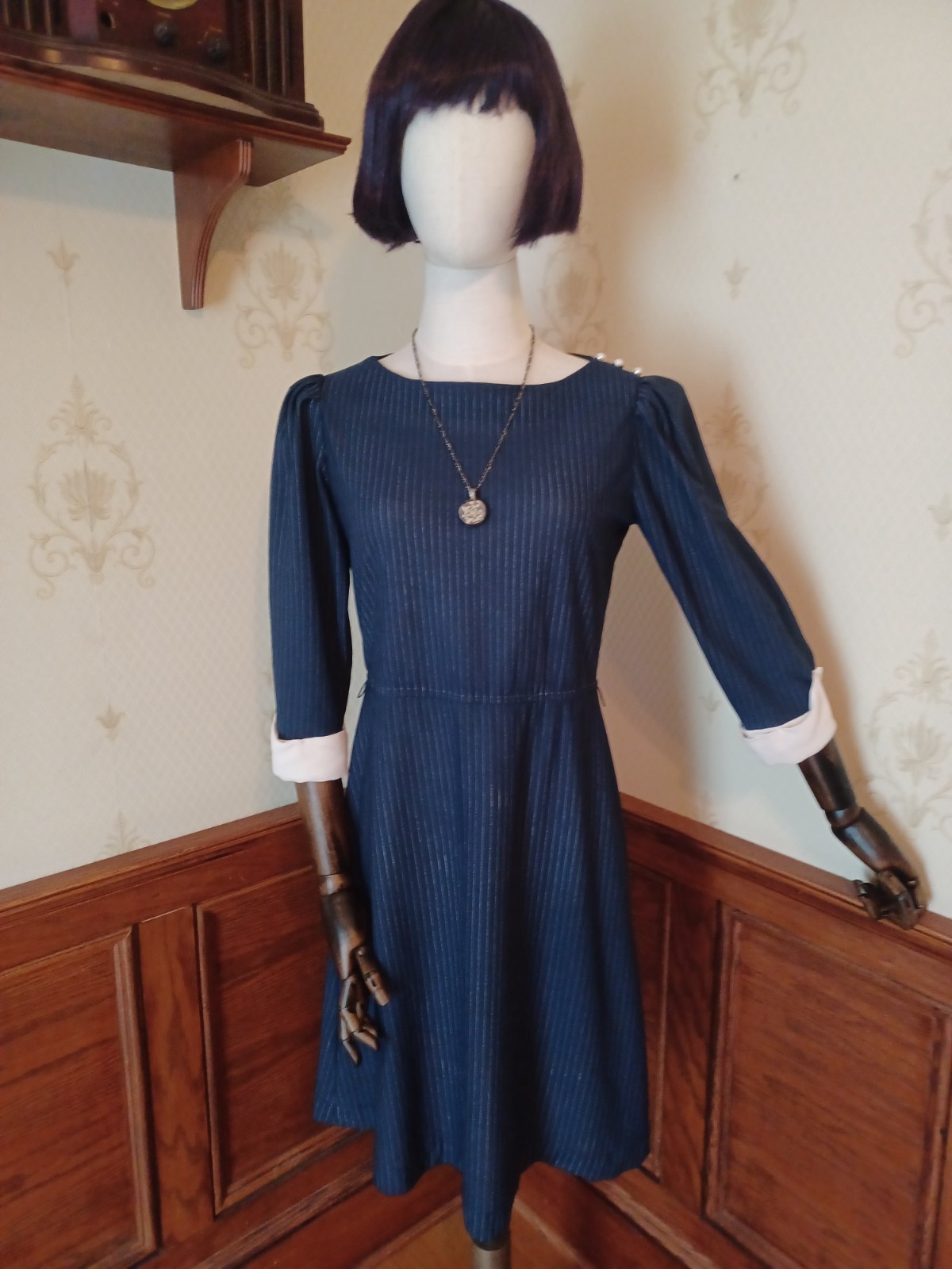 Vintage 1970s/1980s Oops California Navy Pinstripe Preppy/Academia Dress