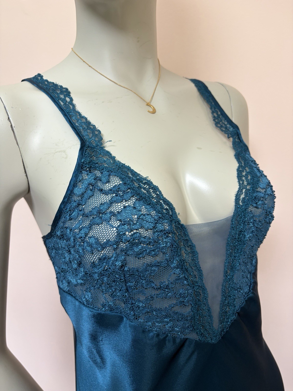VTG 80s 90s Victorias Secret Gold Label Teal Satin Slip Dress Gown Sheer Lace S