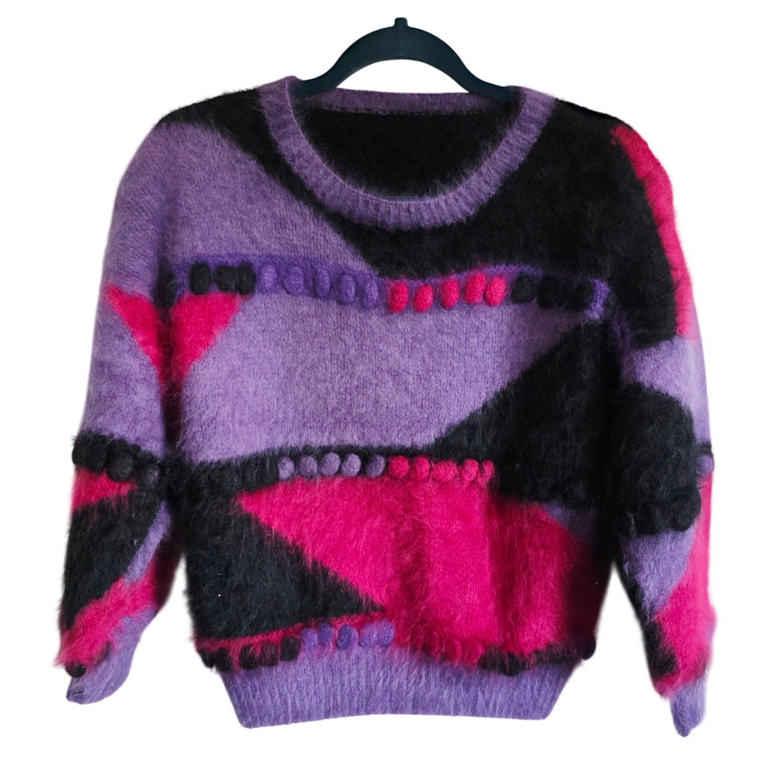 Vintage 80s L Angora Lambswool Abstract Colorblock Fuzzy Sweater Purple Pink
