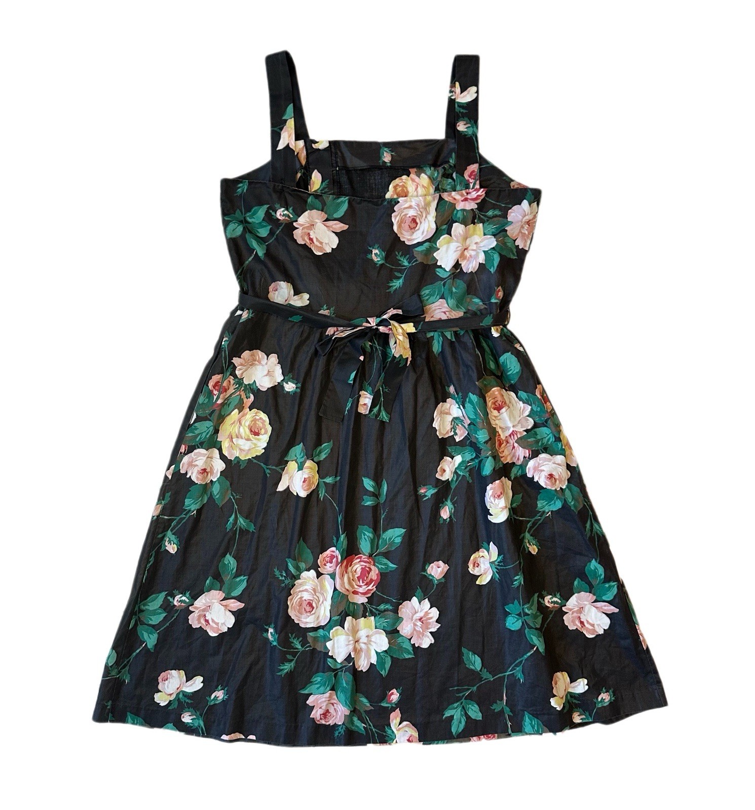 80s Sears Black Floral Rose Dress Sundress Fit N Flare Womens XL VTG Cottage