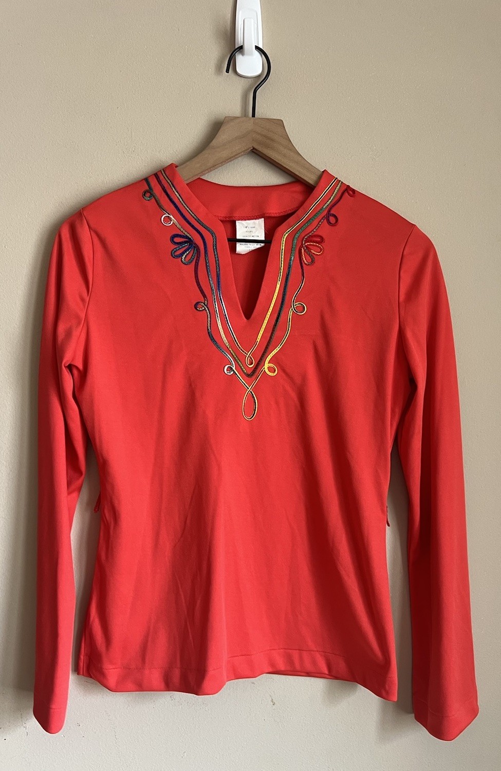 Vintage Top Shirt Poly Knit 60s 70s Shirt Blouse Boho Mod Trim Medium 8 10