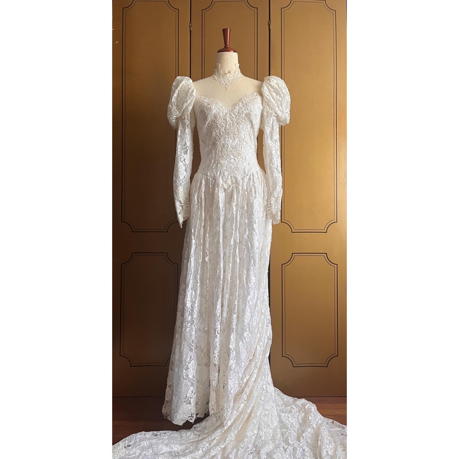 Vintage wedding gown with lace, beads, sequins and train