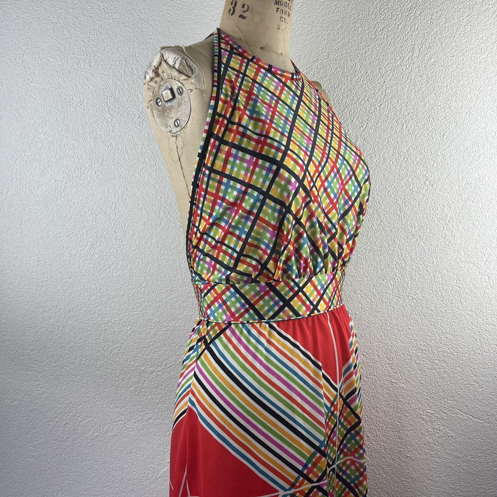 Vintage l 70s S Claire Larabee Colorful Rainbow Plaid Striped Halter Maxi Dress