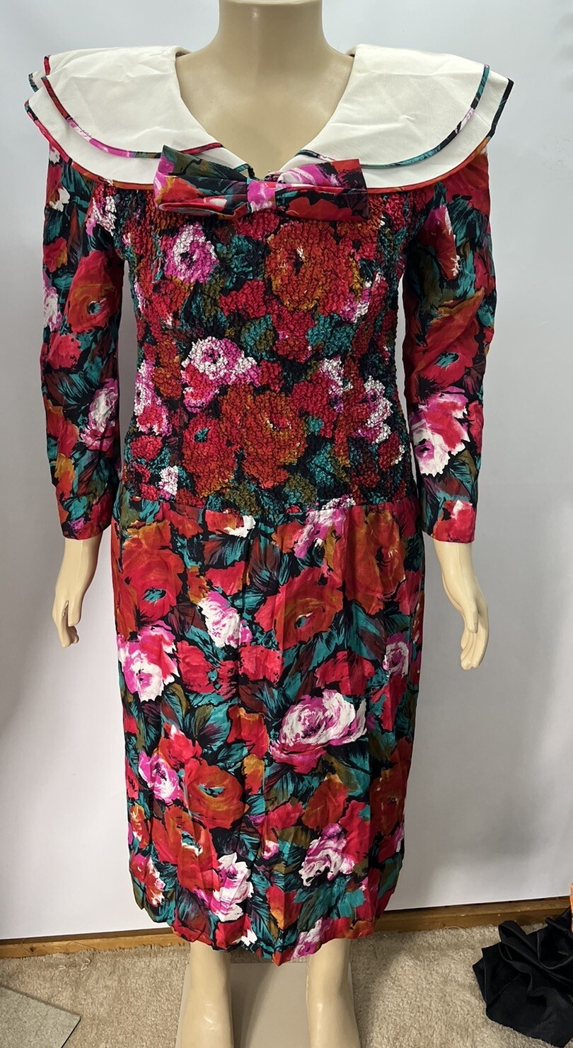 Vtg 80s Midi Tea Dress Smocked Floral Shawl Collar Bow Sz 14 LG Shoulder Pads