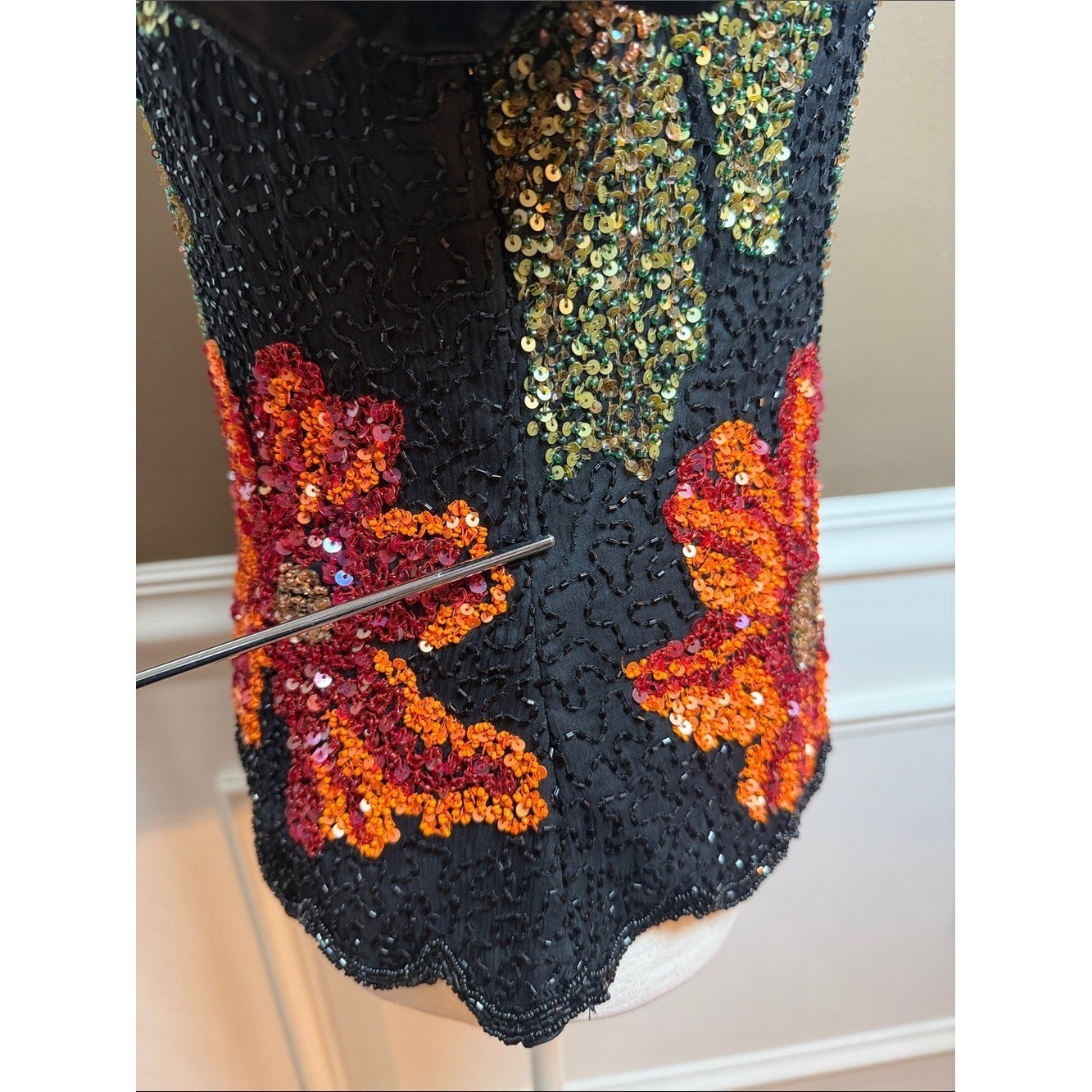 Vintage Silk Beaded Floral Top Black Sequin Scalloped Fitted M