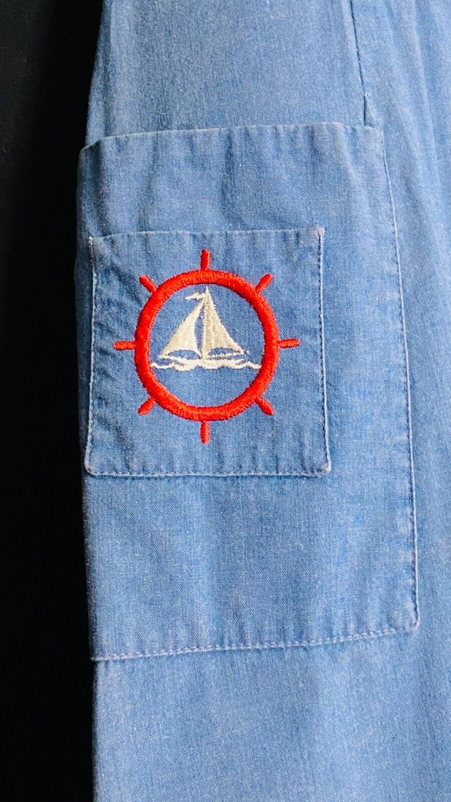 Vintage 1950s blue nautical dress, shirt cotton pin-up embroidered sailor M
