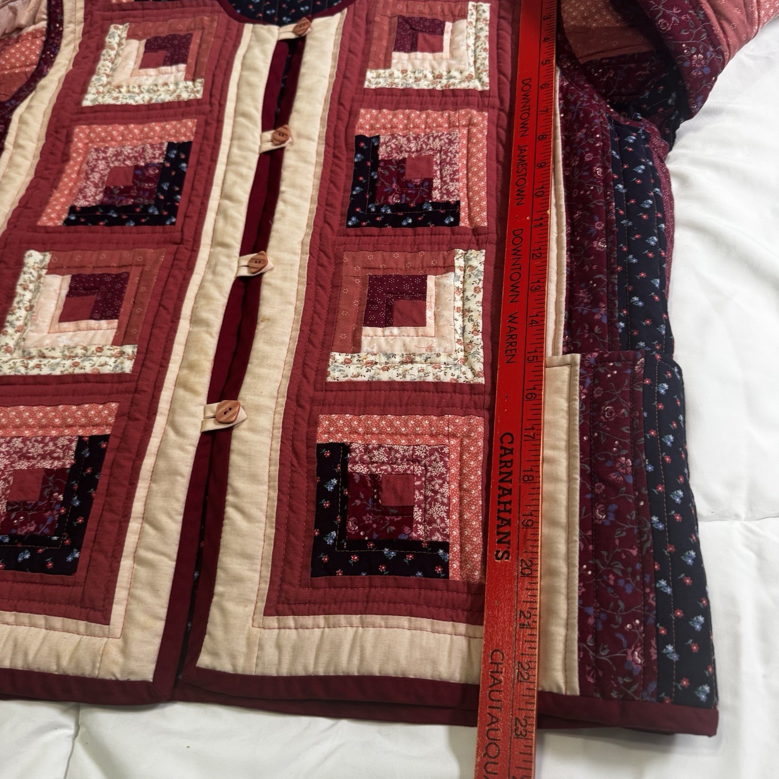 VTG 70s Handmade Patchwork Jacket L Quilted Boho Hippie Log Cabin Mauve & Navy