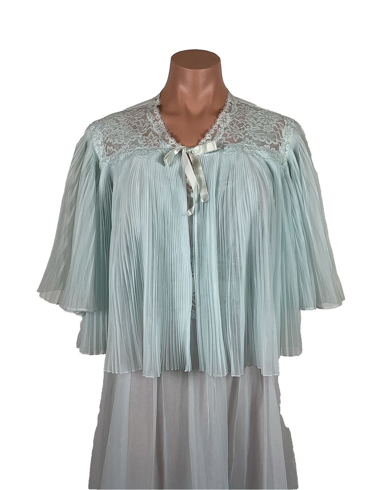 VTG PERMA PLEAT CHIFFON LACE 200″ SWEEP Peignoir ROBE Gown Cape 3pc Set RARE!!!