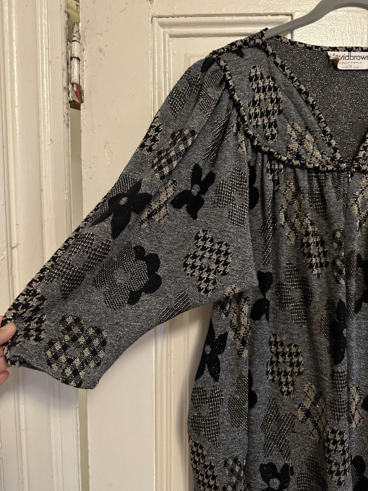 Stunning David Brown, 1970s metallic balloon sleeve houndstooth flower dress