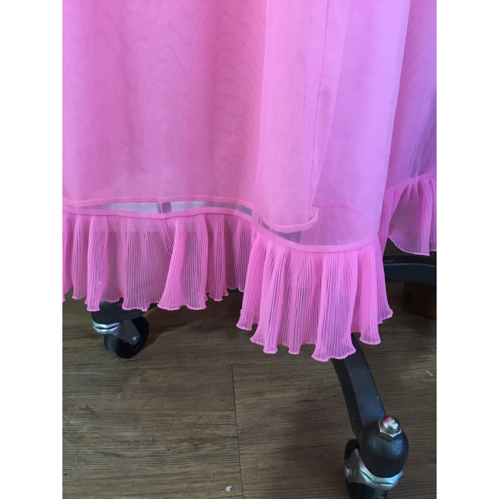 Evette 1960s Pink Nylon Nightgown Sheer Layer Ruffled V Neck Sleepwear Barbie
