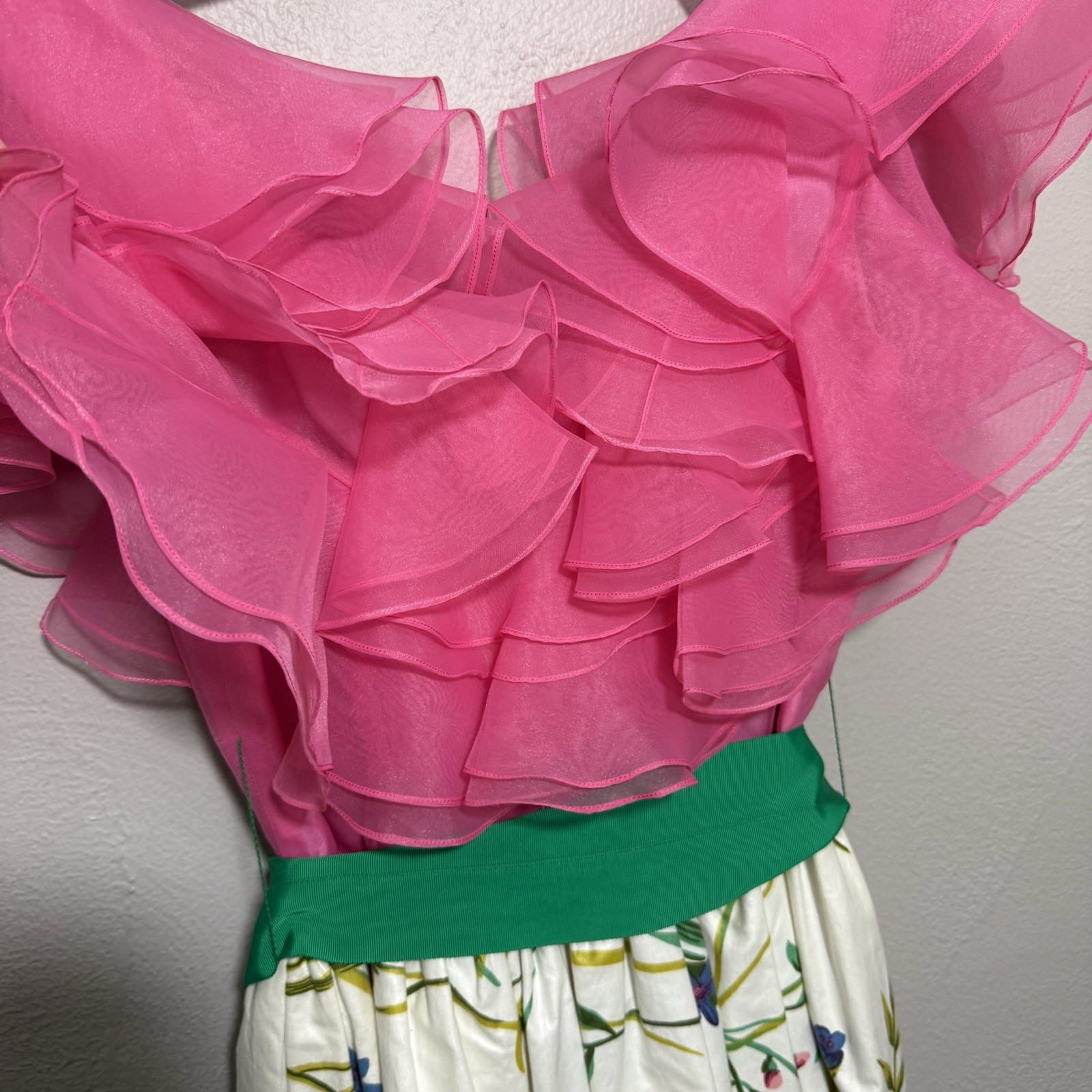 Vintage 70s William Pearson Dress Pink Green Floral Organza Ruffle Gown Sz XS/4